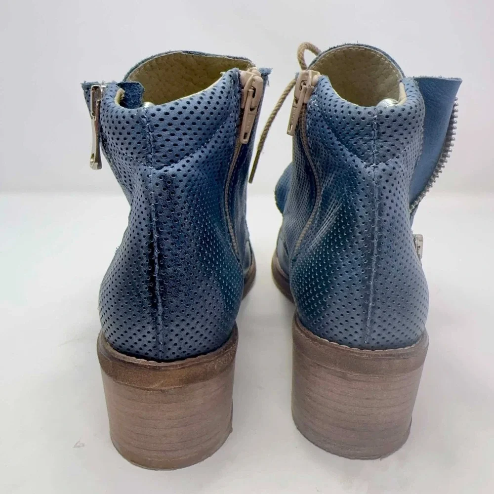 DEKY Italy Blue Leather Perforated Lace Up Ankle Boots Womens 40 US 9 Luxury